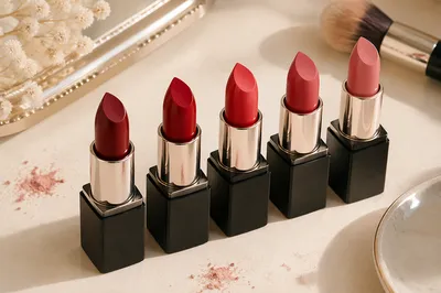 Elegant Red Lipstick Row on Ivory Vanity