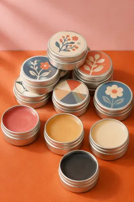 Organic Lip Balm Tins on Orange Table