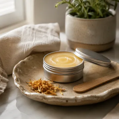 Organic Lip Balm Tin on Vanity