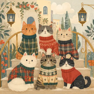 Festive Cats in Ornate Holiday Sleigh