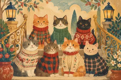 Festive Cats in Sweaters on Sleigh