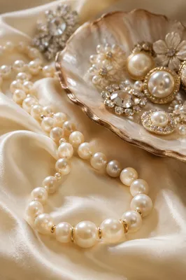Elegant Pearl Necklace on Ivory Satin