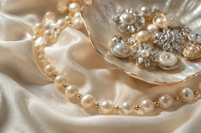 Elegant Pearl Necklace on Ivory Satin