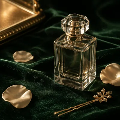 Elegant Perfume Bottle on Emerald Velvet