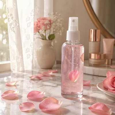 Rose Water Beauty Bottle with Pink Petals