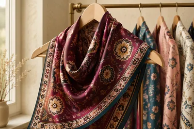 Elegant Silk Scarf on Wooden Hanger