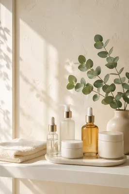 Minimal Skincare Bottles on White Shelf