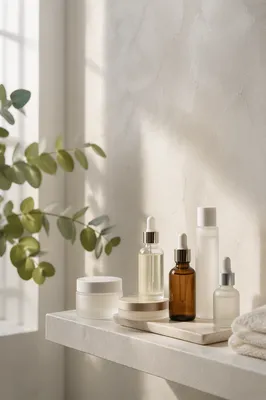 Minimal Skincare Bottles on White Shelf