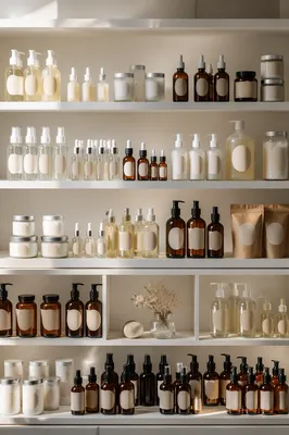 Minimalist Skincare Bottles on White Shelves