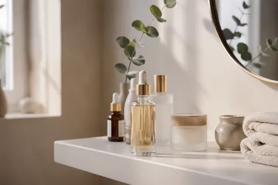 Minimal Skincare Bottles on White Shelf
