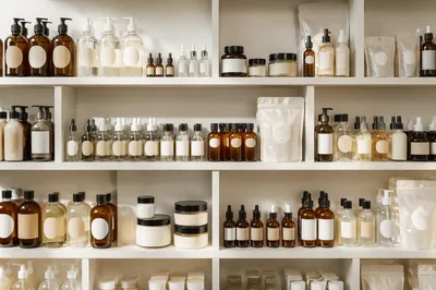 Minimalist Skincare Bottles on White Shelves