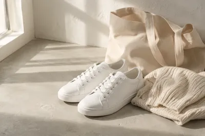 Clean White Sneakers in Sunlit Studio