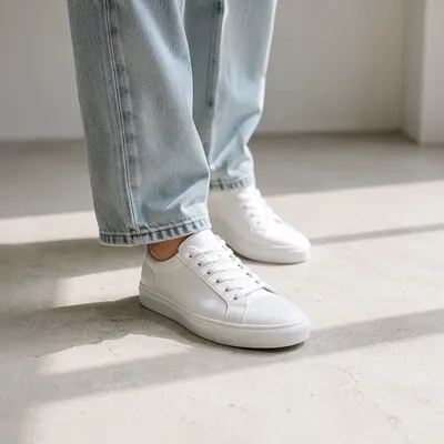 Clean White Sneakers on Concrete Floor