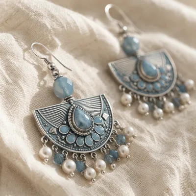 Blue Silver Statement Earrings Macro Close-Up