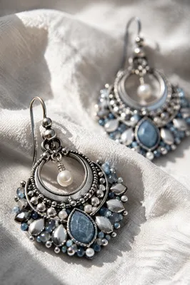 Blue Statement Earrings on Fabric Close-Up
