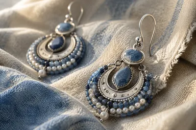 Blue Silver Statement Earrings Macro Close-Up
