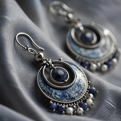 Blue Silver Statement Earrings Macro Close-Up