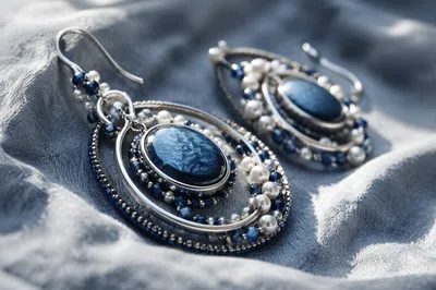 Blue Silver Statement Earrings Macro Close-Up