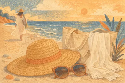 Elegant Straw Hat and Sunglasses Beach Scene
