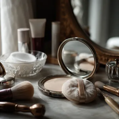 Vintage Compact Mirror on Retro Vanity