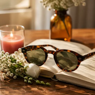 Vintage Sunglasses on Open Book Still Life