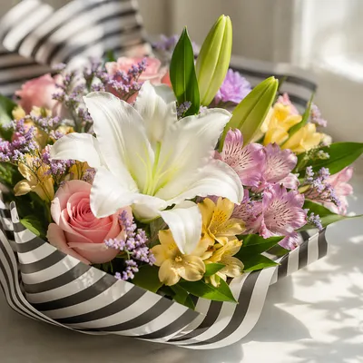 Colorful Fresh Bouquet on White Tabletop