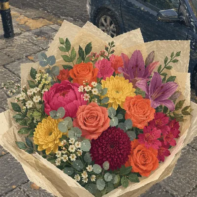 Colorful Fresh Flower Bouquet on City Sidewalk