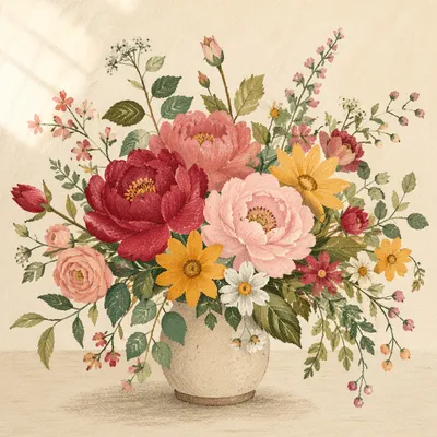 Colorful Fresh Bouquet on Cream Tabletop