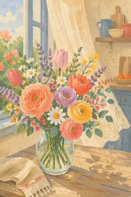 Colorful Fresh Flower Bouquet by Window