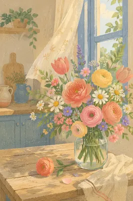 Colorful Fresh Flower Bouquet by Window