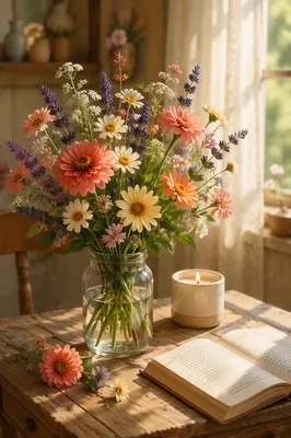 Colorful Wildflower Bouquet in Sunlit Cottage