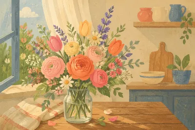 Colorful Fresh Bouquet by Open Window