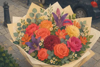 Colorful Fresh Flower Bouquet on Sidewalk