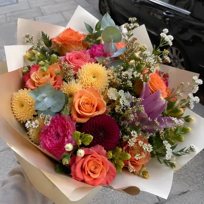 Colorful Fresh Flower Bouquet on Sidewalk