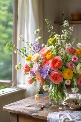 Colorful Fresh Flower Bouquet by Window