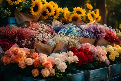 Colorful Fresh Flower Bouquets at Market