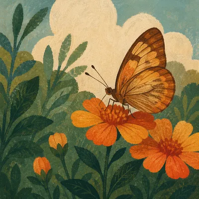 Amber Butterfly on Golden Garden Flowers