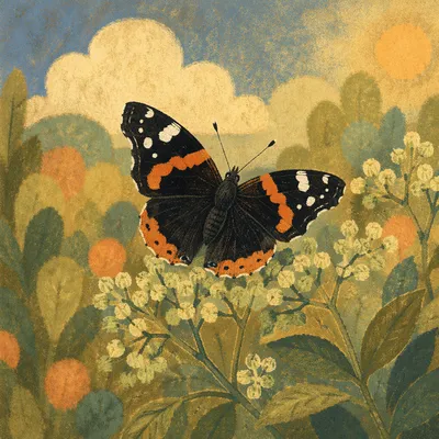 Black Butterfly on Pale Green Garden Flowers