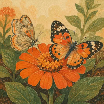 Orange Butterflies on Garden Flower Macro