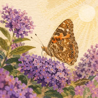Butterfly on Purple Garden Blossoms