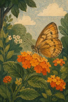 Amber Butterfly on Golden Garden Flowers
