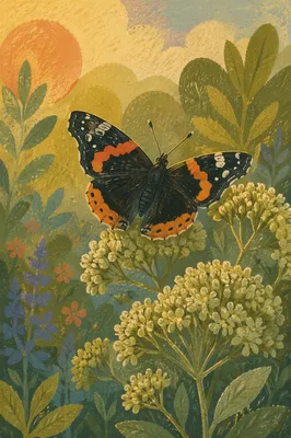 Black Butterfly on Pale Green Garden Flowers