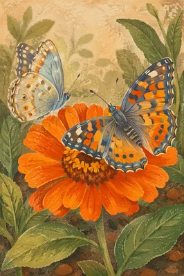 Orange Butterflies on Summer Garden Bloom