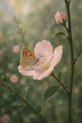 Butterfly on Pale Pink Garden Blossom