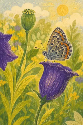 Butterfly on Violet Garden Bellflower