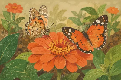 Orange Butterflies on Garden Flower Macro