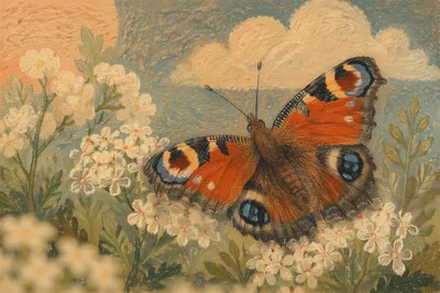 Colorful Butterfly on White Garden Blossoms