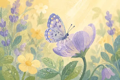 Butterfly Resting on Dewy Spring Flower