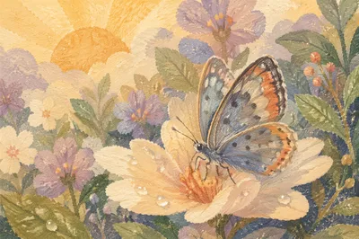Dewy Butterfly on Morning Garden Flower