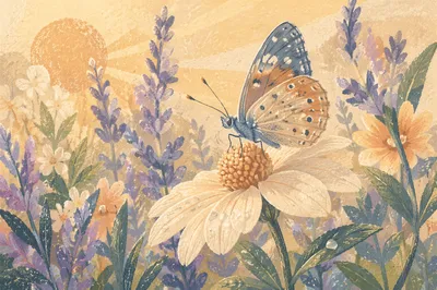 Butterfly on Dewy Garden Flower at Sunrise
